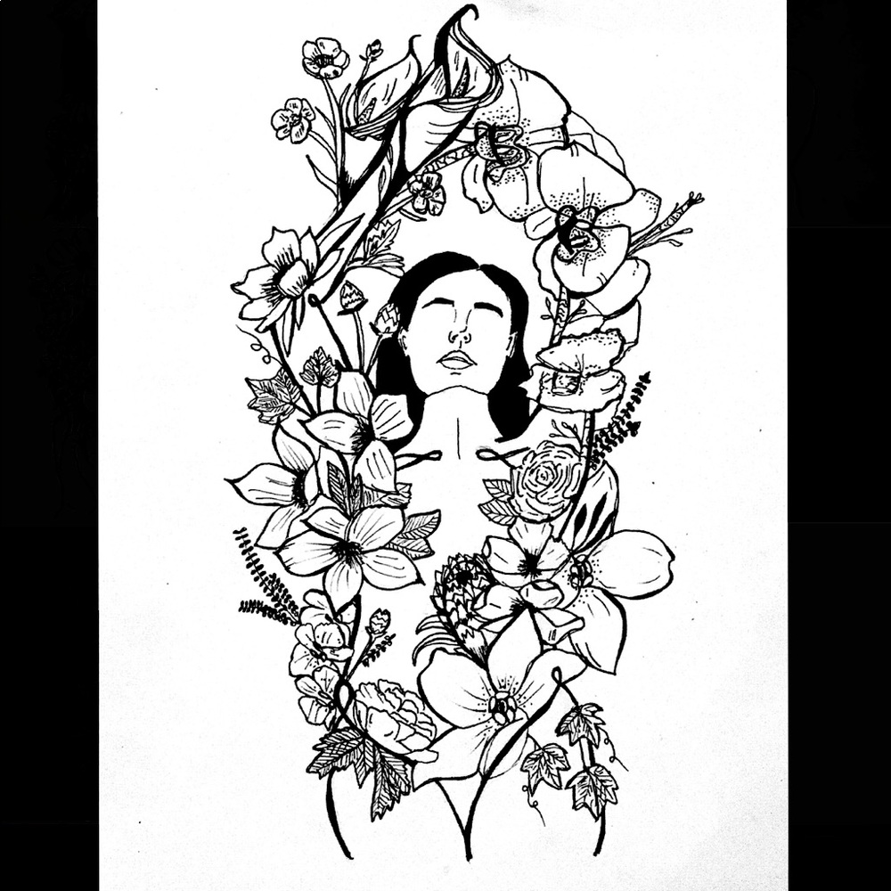 Abstract Art Piece Drawing of Woman and Flowers